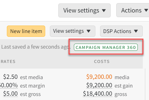 Line item showing successful export to Campaign Manager 360 in the upper-right corner